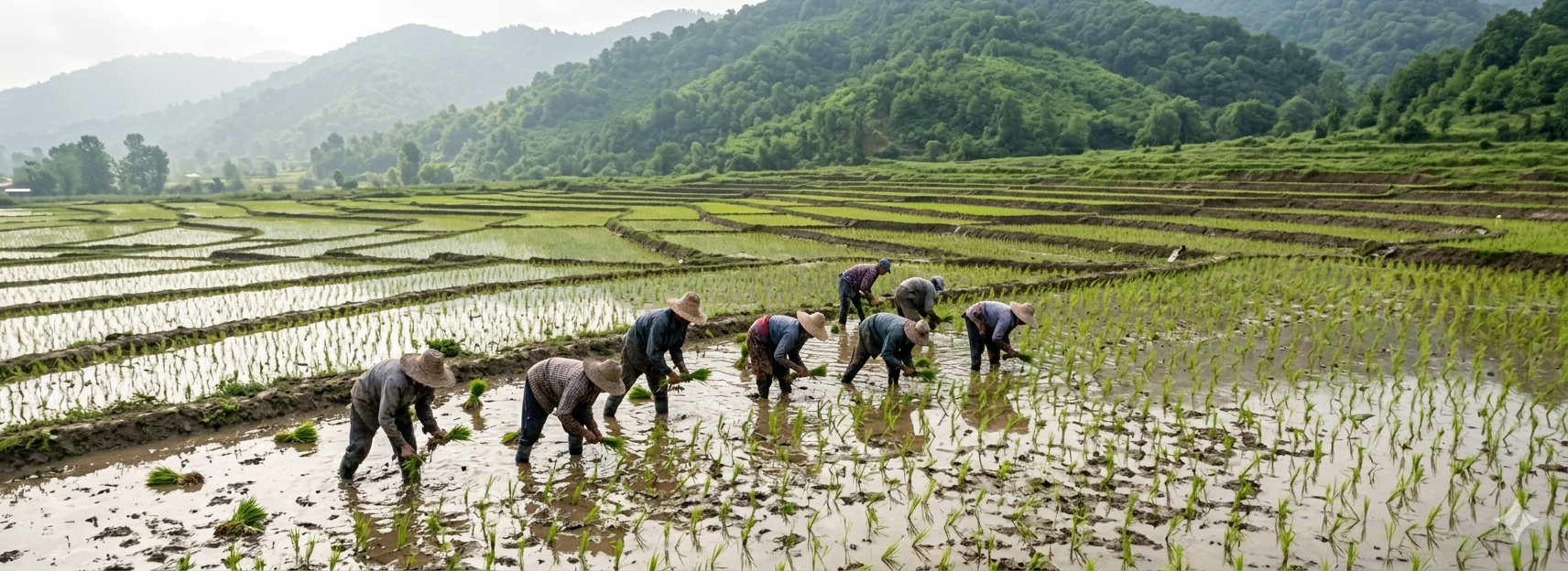 rice farmers planting hashemi rice in northern iran