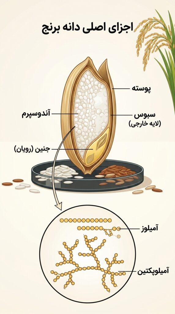 A detailed anatomical diagram of a rice grain with Persian labels identifying its key parts and a magnified view comparing the structures of amylose and amylopectin starch