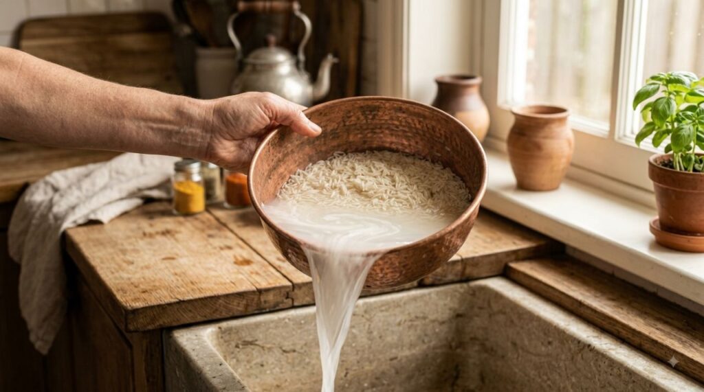 Draining the starchy, milky water of soaked rice from a copper vessel